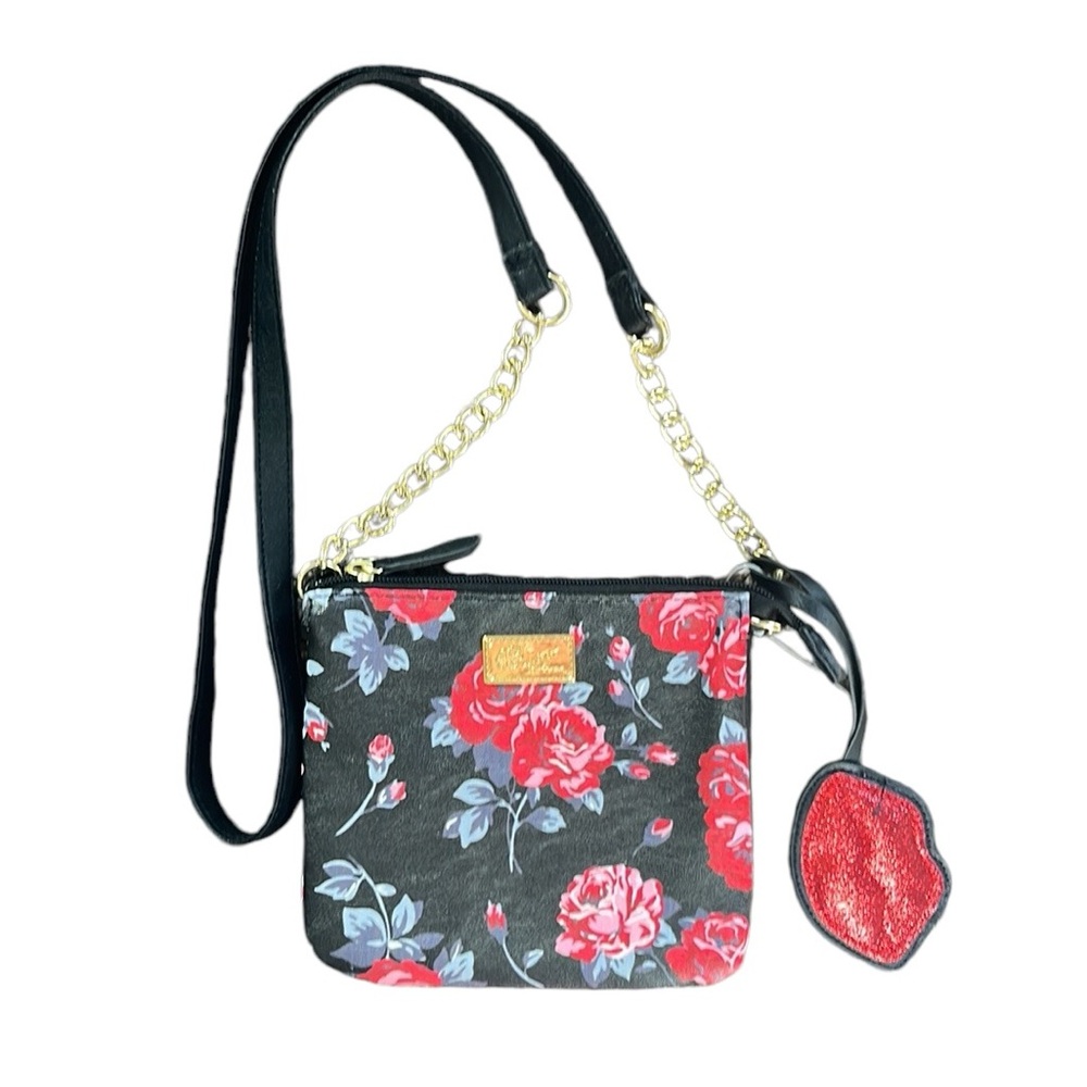 Luv BETSEY JOHNSON Black w/ Red & Pink Rose Crossbody Bag Purse Chain Strap